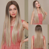 Gradient gold front lace wig long straight wig brown to blonde wigs