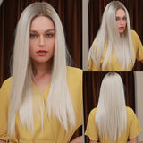 Gradient white gold front lace wig long straight hair