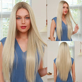 Gradient Gold Front Lace Wigs Long Straight Brown Roots Daily High Density Wig