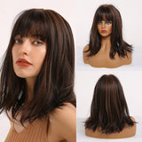 Medium Length Synthetic Wigs Long Straight Brown Mix Golden Neat Bangs