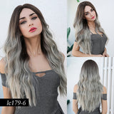 Synthetic Wigs Dark Root Light Brown Ombre Grey Long Wavy Hair Wigs Center Part