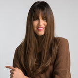 Synthetic Wig Long with Bangs Dark Root Ombre Color Natural Headline Heat Resistant Hair Wigs