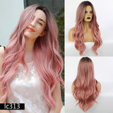 Synthetic Long Wig Natural Wave Black Root Ombre Pink Middle Part Wig Heat Resistant Cosplay Party Wig