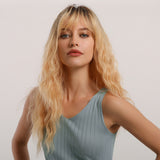 Heat Resistant Fiber Long Water Wave Hair Synthetic Ombre Blonde Golden Wigs with Air Bangs Cosplay Party Wig