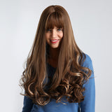 Long Synthetic Wig with Bangs Mixed Brown Color Heat Resistant Fiber Natural Wave Average Wigs