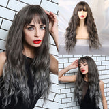 Long Synthetic Water Wave Wigs with Bangs Dark Brown Ombre Grey Wigs Cosplay Heat Resistant Fiber False Hair