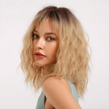Synthetic Water Wave Wigs Medium Length Ombre Golden Blonde with Air Bangs