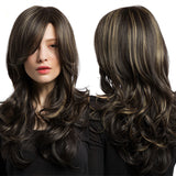 Heat Resistant Fiber Long Wavy Wigs with Side Bangs Synthetic Brown Mix Blonde Wigs