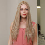 Long straight silky front lace wig brown blonde high density heat resistant synthetic wig