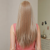Long straight silky front lace wig brown blonde high density heat resistant synthetic wig
