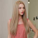 Long straight silky front lace wig brown blonde high density heat resistant synthetic wig
