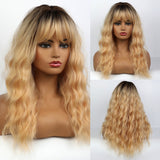 Heat Resistant Fiber Long Water Wave Hair Synthetic Ombre Blonde Golden Wigs with Air Bangs Cosplay Party Wig
