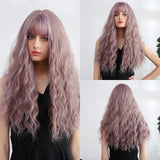 Long Synthetic Water Wave Wigs with Bangs Dark Brown Ombre Grey Wigs Cosplay Heat Resistant Fiber False Hair
