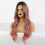 Synthetic Long Wig Natural Wave Black Root Ombre Pink Middle Part Wig Heat Resistant Cosplay Party Wig