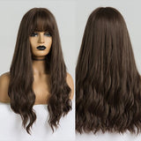 Long Synthetic Wig with Bangs Mixed Brown Color Heat Resistant Fiber Natural Wave Average Wigs