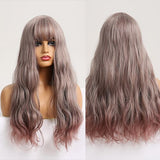 Long Synthetic Wig with Bangs Mixed Brown Color Heat Resistant Fiber Natural Wave Average Wigs