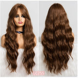 Long Synthetic Wig with Bangs Mixed Brown Color Heat Resistant Fiber Natural Wave Average Wigs