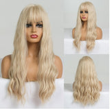 Long Synthetic Wig with Bangs Mixed Brown Color Heat Resistant Fiber Natural Wave Average Wigs