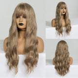 Long Synthetic Wig with Bangs Mixed Brown Color Heat Resistant Fiber Natural Wave Average Wigs