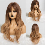 Long Synthetic Wig with Bangs Mixed Brown Color Heat Resistant Fiber Natural Wave Average Wigs