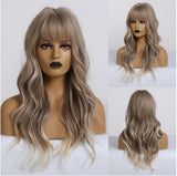 Long Synthetic Wig with Bangs Mixed Brown Color Heat Resistant Fiber Natural Wave Average Wigs