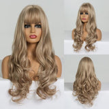Long Synthetic Wig with Bangs Mixed Brown Color Heat Resistant Fiber Natural Wave Average Wigs