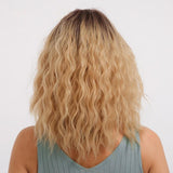 Synthetic Water Wave Wigs Medium Length Ombre Golden Blonde with Air Bangs