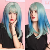 Medium Length Synthetic Wigs Long Straight Brown Mix Golden Neat Bangs