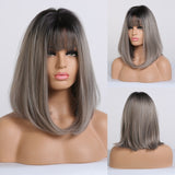 Medium Length Synthetic Wigs Long Straight Brown Mix Golden Neat Bangs