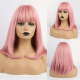 Medium Length Synthetic Wigs Long Straight Brown Mix Golden Neat Bangs