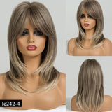 Medium Length Synthetic Wig Straight Natural Brown Wigs with Side Bangs Heat Resistant Party Wigs