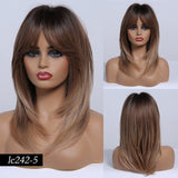 Medium Length Synthetic Wig Straight Natural Brown Wigs with Side Bangs Heat Resistant Party Wigs