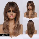 Medium Length Synthetic Wig Straight Natural Brown Wigs with Side Bangs Heat Resistant Party Wigs