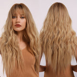 Synthetic Wigs Dark Root Light Brown Ombre Grey Long Wavy Hair Wigs Center Part