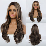 Synthetic Wigs Dark Root Light Brown Ombre Grey Long Wavy Hair Wigs Center Part