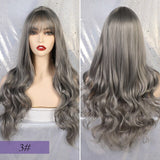 Long Synthetic Water Wave Wigs with Bangs Dark Brown Ombre Grey Wigs Cosplay Heat Resistant Fiber False Hair