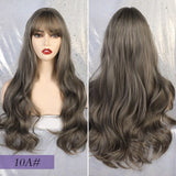 Long Synthetic Water Wave Wigs with Bangs Dark Brown Ombre Grey Wigs Cosplay Heat Resistant Fiber False Hair