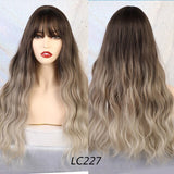 Long Synthetic Water Wave Wigs with Bangs Dark Brown Ombre Grey Wigs Cosplay Heat Resistant Fiber False Hair