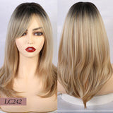 Light Brown Mix Blonde Wigs Synthetic Long Straight Hair with Side Bangs Daily Wear