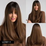Synthetic Wig Long with Bangs Dark Root Ombre Color Natural Headline Heat Resistant Hair Wigs