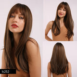Synthetic Wig Long with Bangs Dark Root Ombre Color Natural Headline Heat Resistant Hair Wigs
