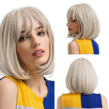 Synthetic Wig Short Straight Ombre Golden Blonde Bob Wigs with Side Bangs Heat Resistant Fiber Wigs