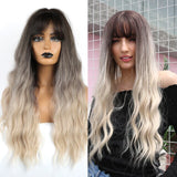 Synthetic Wigs Dark Root Light Brown Ombre Grey Long Wavy Hair Wigs Center Part