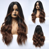 Synthetic Wigs Dark Root Light Brown Ombre Grey Long Wavy Hair Wigs Center Part