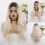 Synthetic Wigs Dark Root Light Brown Ombre Grey Long Wavy Hair Wigs Center Part