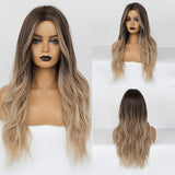 Synthetic Wigs Dark Root Light Brown Ombre Grey Long Wavy Hair Wigs Center Part