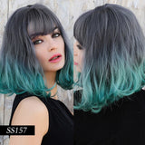 Dark green Synthetic Mix Blonde Hair Highlight Short Natural Wave Lolita Bob Cosplay Party Wigs
