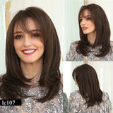 Medium Length Synthetic Wig Straight Natural Brown Wigs with Side Bangs Heat Resistant Party Wigs
