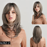 Medium Length Synthetic Wig Straight Natural Brown Wigs with Side Bangs Heat Resistant Party Wigs