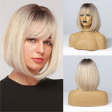 Synthetic Wig Short Straight Ombre Golden Blonde Bob Wigs with Side Bangs Heat Resistant Fiber Wigs